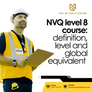 nvq level 8 course A construction worker in a safety vest and hard hat holds a clipboard, promoting an NVQ Level 8 course with contact details.