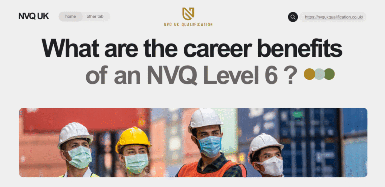NVQ LEVEL 6 A group of construction professionals wears safety helmets, discussing career benefits of NVQ Level 6, with shipping containers in the background.